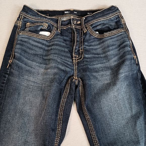 BKE Aiden Men's 30x34 Dark Wash Blue Embroidered Whisker Straight Leg Jeans - Picture 6 of 11